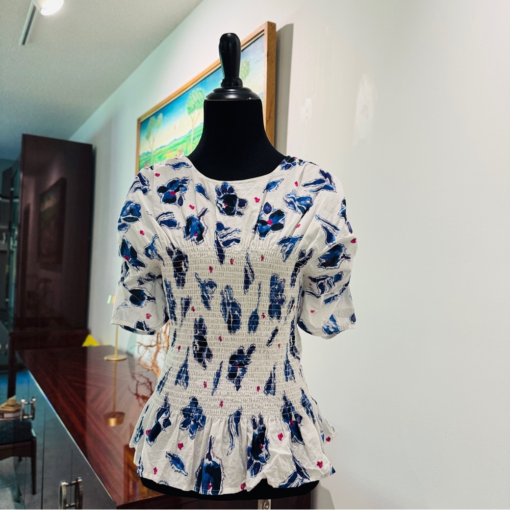 White and Blue Peplum Blouse with Short Sleeves